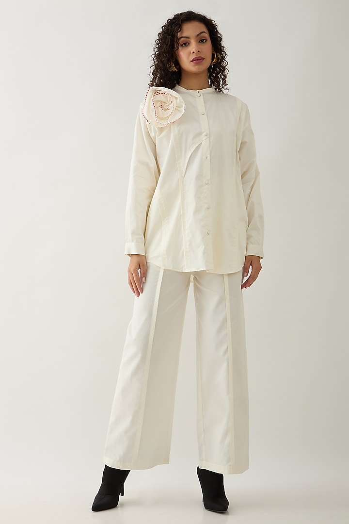 Off-White Cotton Satin Asymmetric Paneled Shirt by SNOB at Pernia's Pop Up Shop