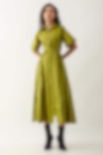 Leaf Green Cotton Satin Printed Midi Vacation Dress by SNOB at Pernia's Pop Up Shop