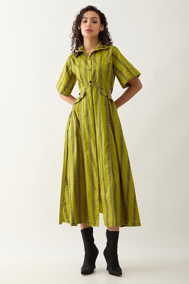 Leaf Green Cotton Satin Printed Midi Vacation Dress by SNOB at Pernia's Pop Up Shop