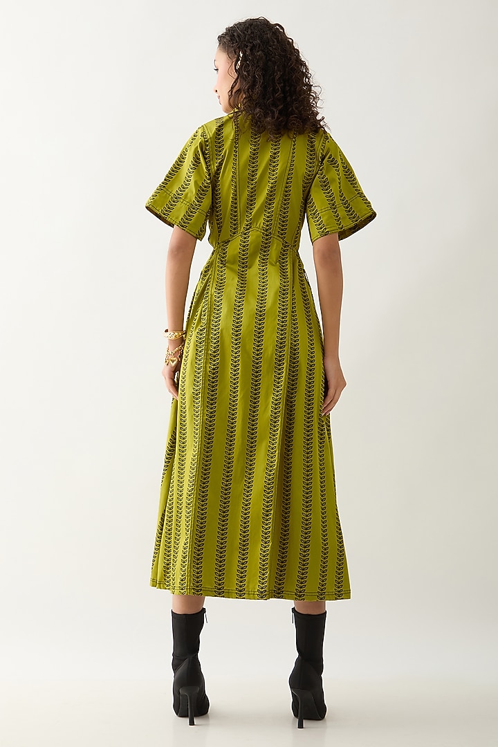 Leaf Green Cotton Satin Printed Midi Vacation Dress by SNOB at Pernia's Pop Up Shop