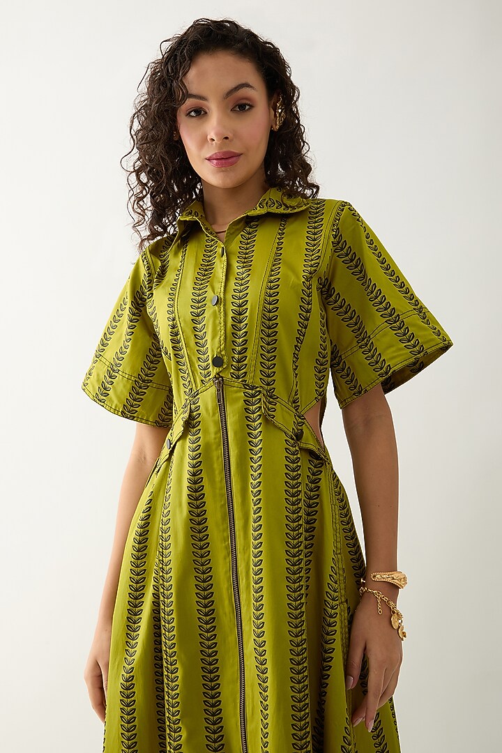 Leaf Green Cotton Satin Printed Midi Vacation Dress by SNOB at Pernia's Pop Up Shop