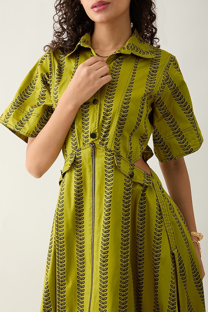 Leaf Green Cotton Satin Printed Midi Vacation Dress by SNOB at Pernia's Pop Up Shop