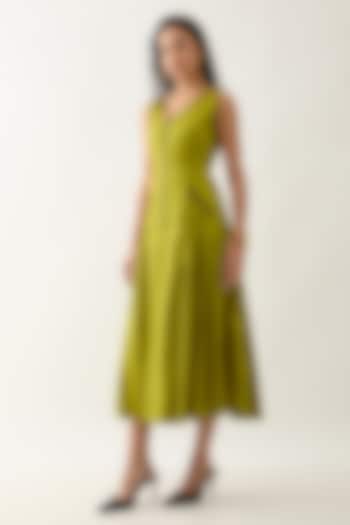 Leaf Green Cotton Satin Sleeveless Midi Vacation Dress by SNOB at Pernia's Pop Up Shop