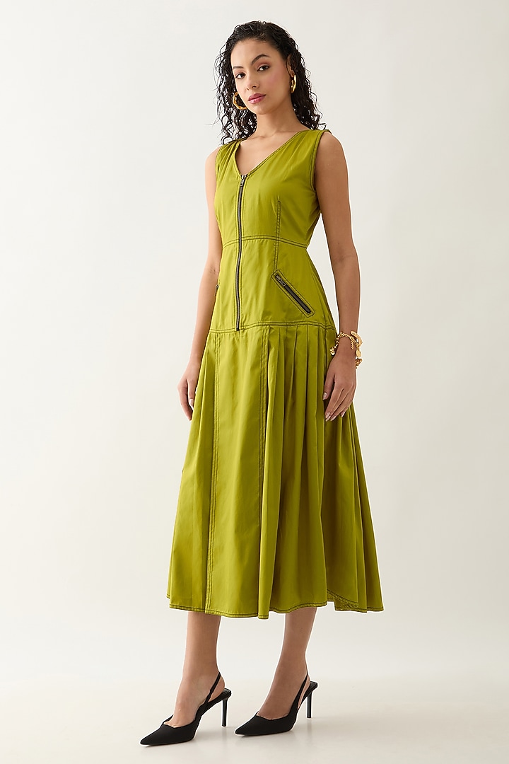 Leaf Green Cotton Satin Sleeveless Midi Vacation Dress by SNOB at Pernia's Pop Up Shop
