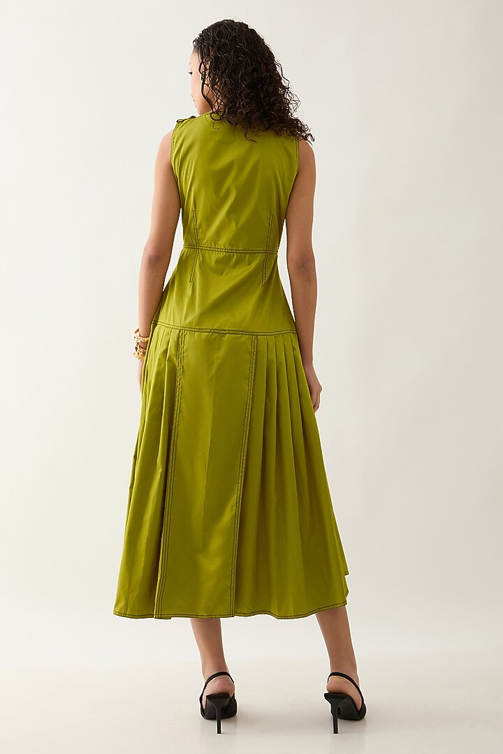 Leaf Green Cotton Satin Sleeveless Midi Vacation Dress by SNOB at Pernia's Pop Up Shop