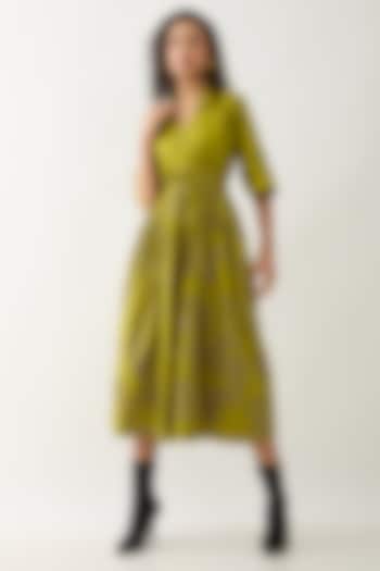 Leaf Green Cotton Satin Printed Midi Vacation Dress by SNOB at Pernia's Pop Up Shop