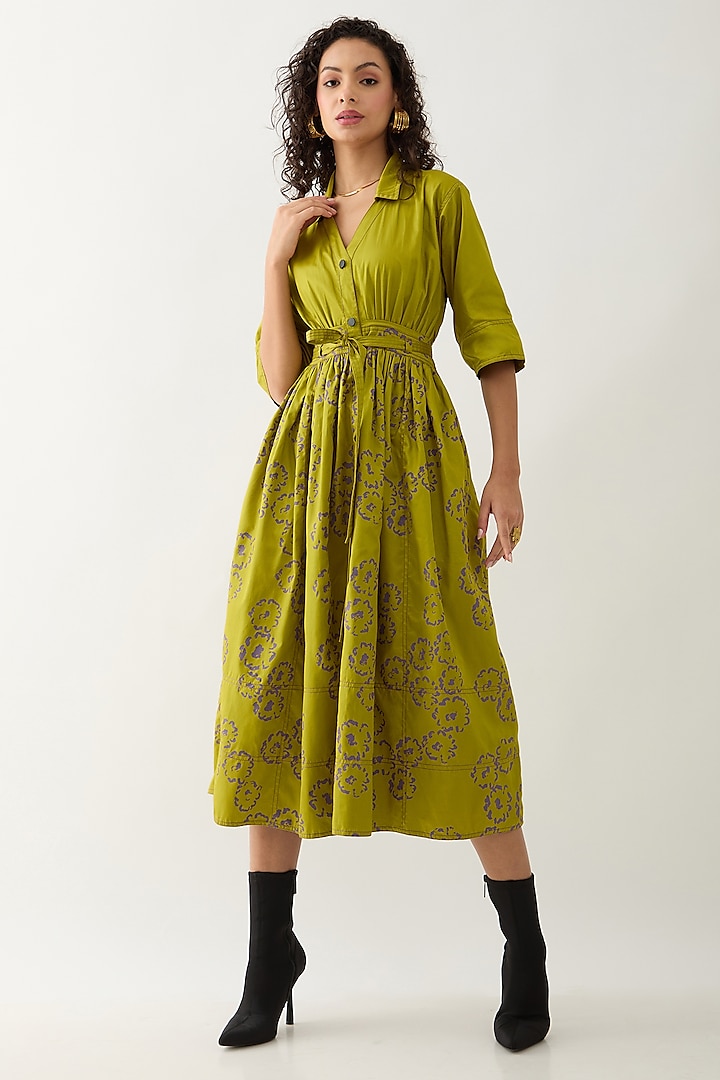 Leaf Green Cotton Satin Printed Midi Vacation Dress by SNOB at Pernia's Pop Up Shop