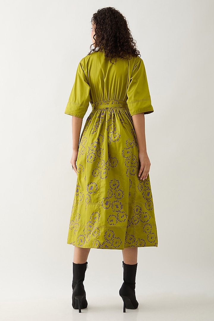 Leaf Green Cotton Satin Printed Midi Vacation Dress by SNOB at Pernia's Pop Up Shop