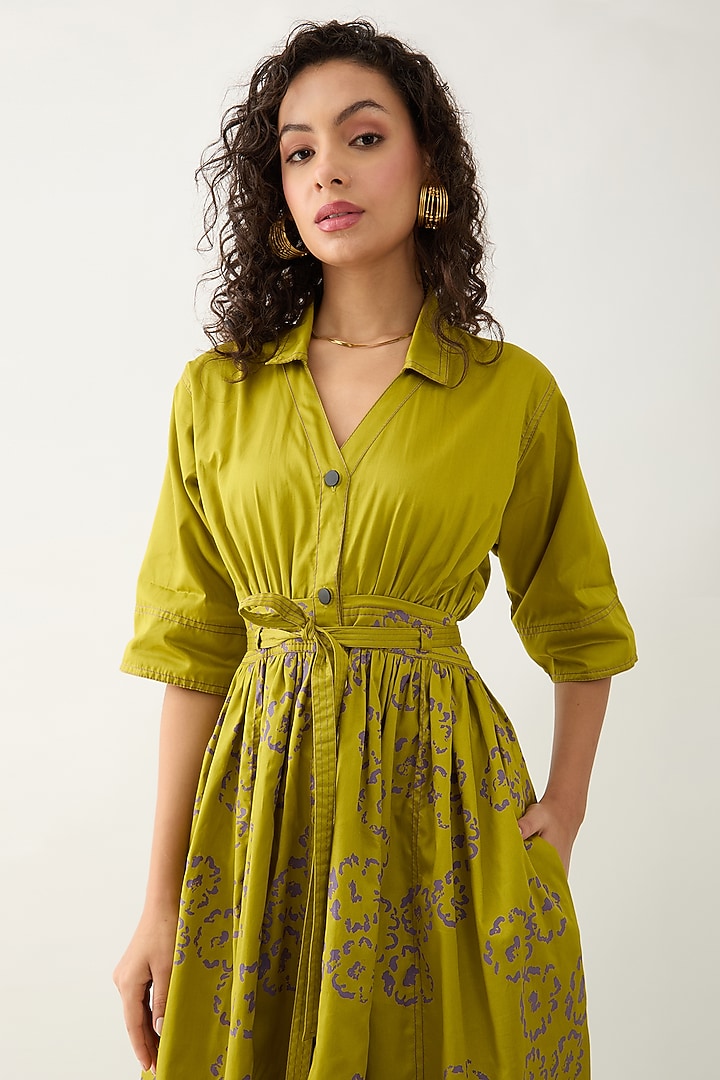 Leaf Green Cotton Satin Printed Midi Vacation Dress by SNOB at Pernia's Pop Up Shop