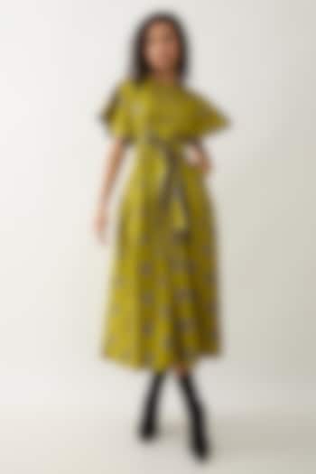 Leaf Green Cotton Satin Floral Printed Midi Vacation Dress by SNOB at Pernia's Pop Up Shop