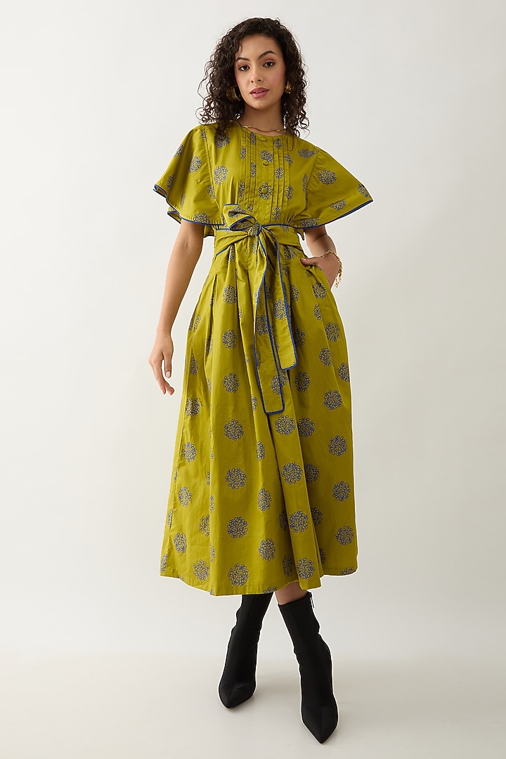 Leaf Green Cotton Satin Floral Printed Midi Vacation Dress by SNOB at Pernia's Pop Up Shop