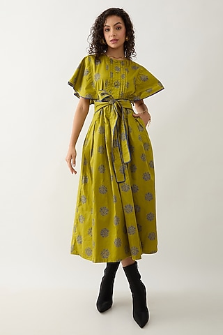 Leaf Green Cotton Satin Floral Printed Midi Dress by SNOB