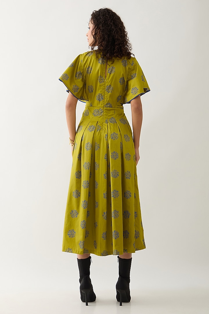 Leaf Green Cotton Satin Floral Printed Midi Vacation Dress by SNOB at Pernia's Pop Up Shop