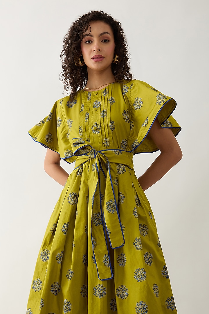 Leaf Green Cotton Satin Floral Printed Midi Vacation Dress by SNOB at Pernia's Pop Up Shop