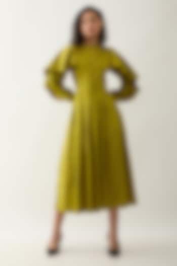 Leaf Green Cotton Satin Printed Midi Vacation Dress by SNOB at Pernia's Pop Up Shop