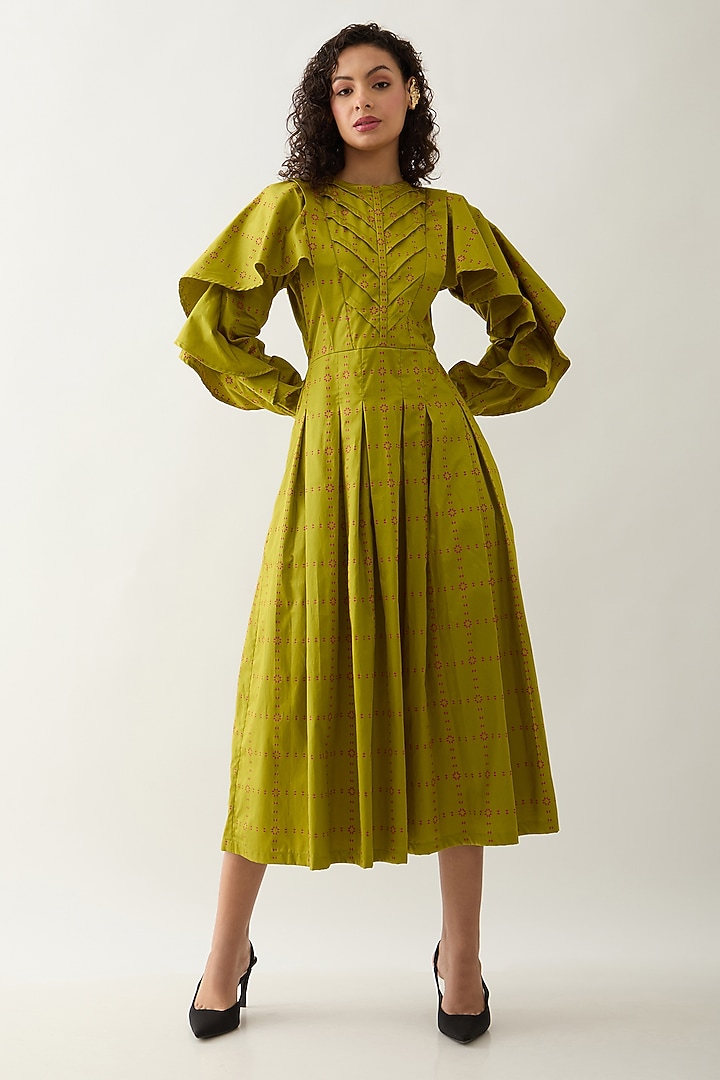 Leaf Green Cotton Satin Printed Midi Vacation Dress by SNOB at Pernia's Pop Up Shop