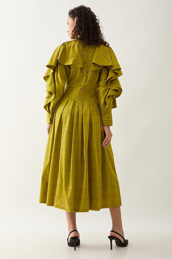 Leaf Green Cotton Satin Printed Midi Vacation Dress by SNOB at Pernia's Pop Up Shop
