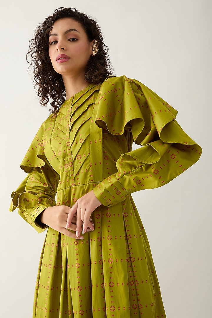 Leaf Green Cotton Satin Printed Midi Vacation Dress by SNOB at Pernia's Pop Up Shop