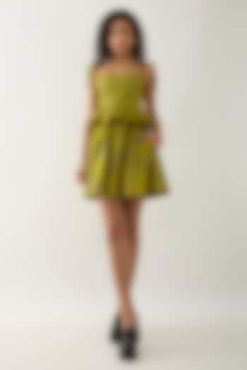 Leaf Green Cotton Satin Printed Mini Vacation Dress by SNOB at Pernia's Pop Up Shop