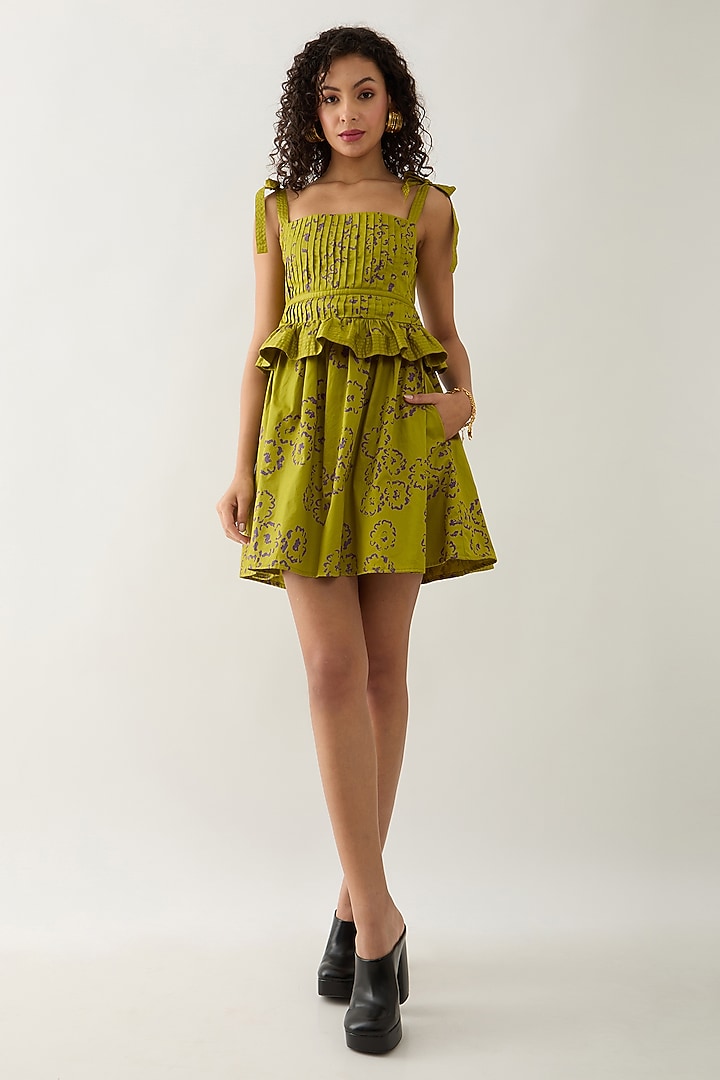 Leaf Green Cotton Satin Printed Mini Vacation Dress by SNOB at Pernia's Pop Up Shop