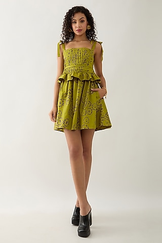 Leaf Green Cotton Satin Printed Mini Dress by SNOB