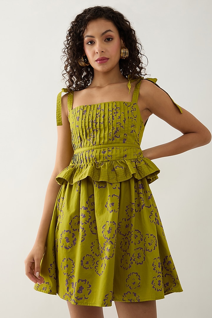 Leaf Green Cotton Satin Printed Mini Vacation Dress by SNOB at Pernia's Pop Up Shop
