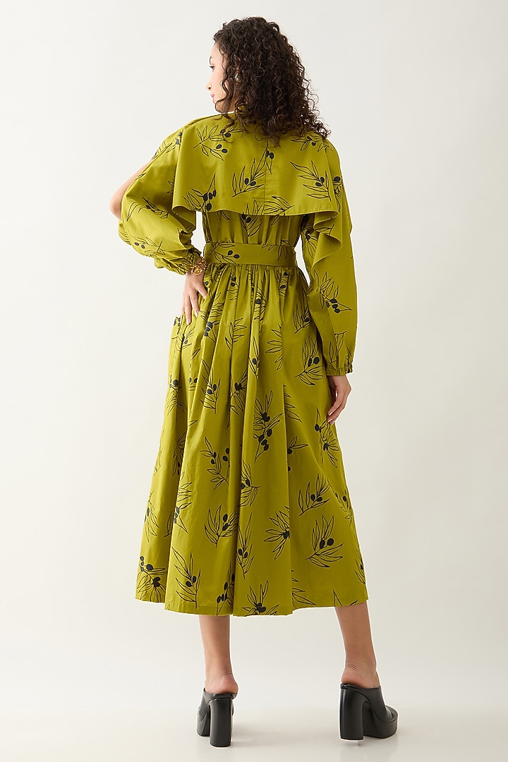 Leaf Green Cotton Satin Printed Midi Vacation Dress by SNOB at Pernia's Pop Up Shop