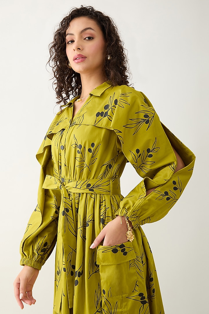 Leaf Green Cotton Satin Printed Midi Vacation Dress by SNOB at Pernia's Pop Up Shop