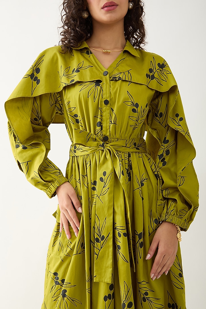 Leaf Green Cotton Satin Printed Midi Vacation Dress by SNOB at Pernia's Pop Up Shop