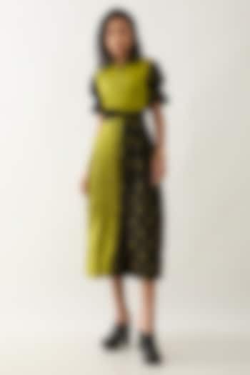 Leaf Green & Black Cotton Satin Printed Midi Vacation Dress by SNOB at Pernia's Pop Up Shop