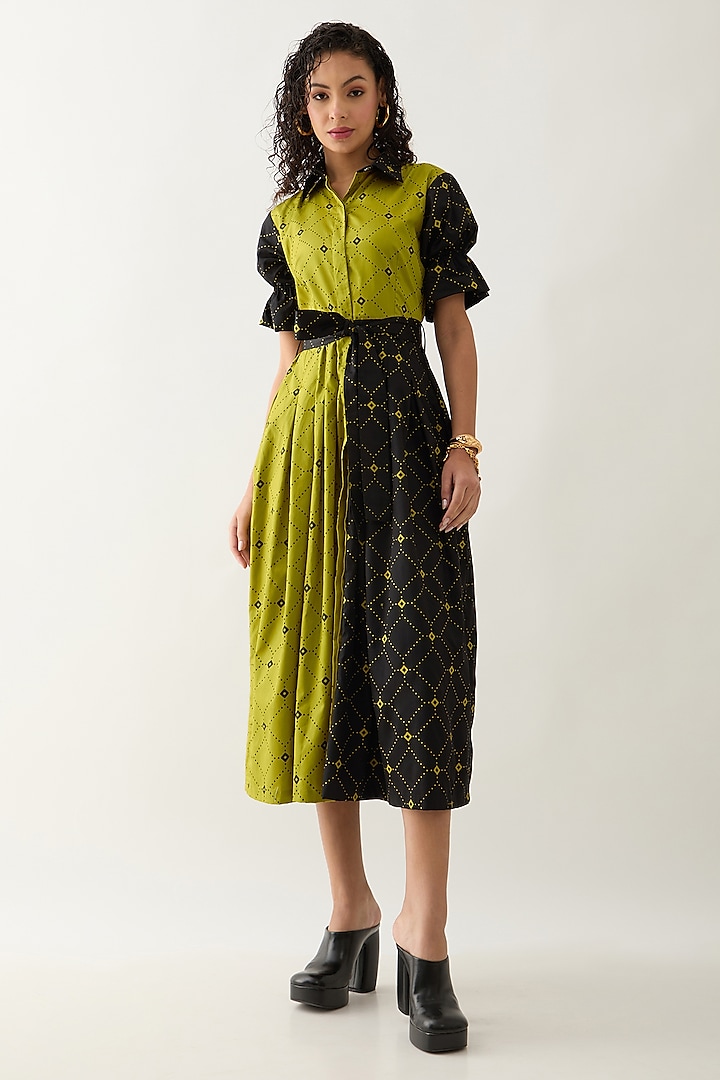 Leaf Green & Black Cotton Satin Printed Midi Vacation Dress by SNOB at Pernia's Pop Up Shop