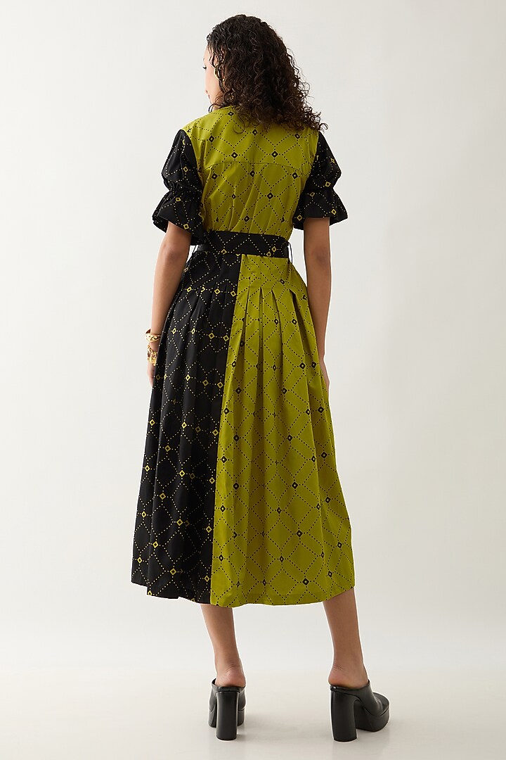 Leaf Green & Black Cotton Satin Printed Midi Vacation Dress by SNOB at Pernia's Pop Up Shop