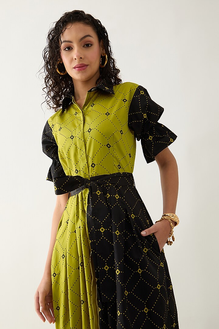 Leaf Green & Black Cotton Satin Printed Midi Vacation Dress by SNOB at Pernia's Pop Up Shop
