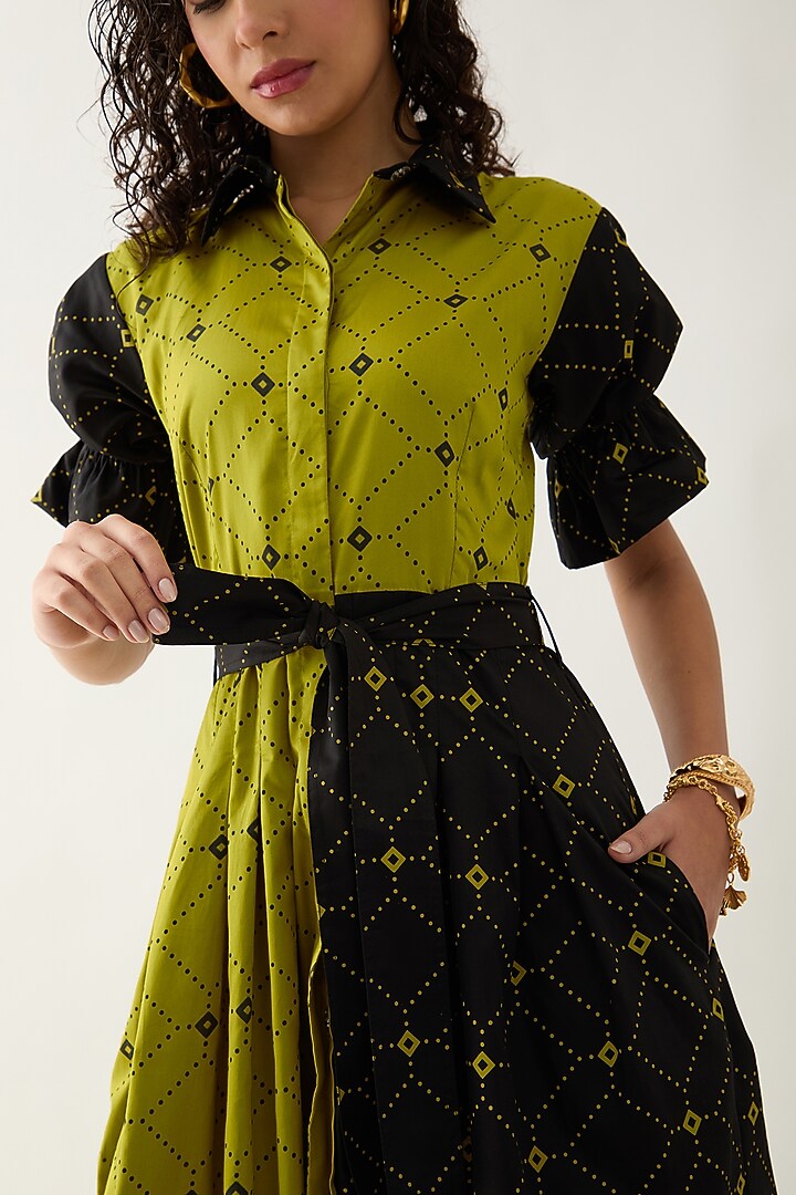 Leaf Green & Black Cotton Satin Printed Midi Vacation Dress by SNOB at Pernia's Pop Up Shop