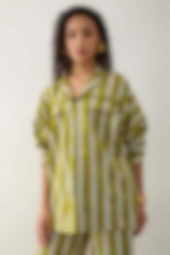 Leaf Green Cotton Satin Printed Shirt by SNOB at Pernia's Pop Up Shop