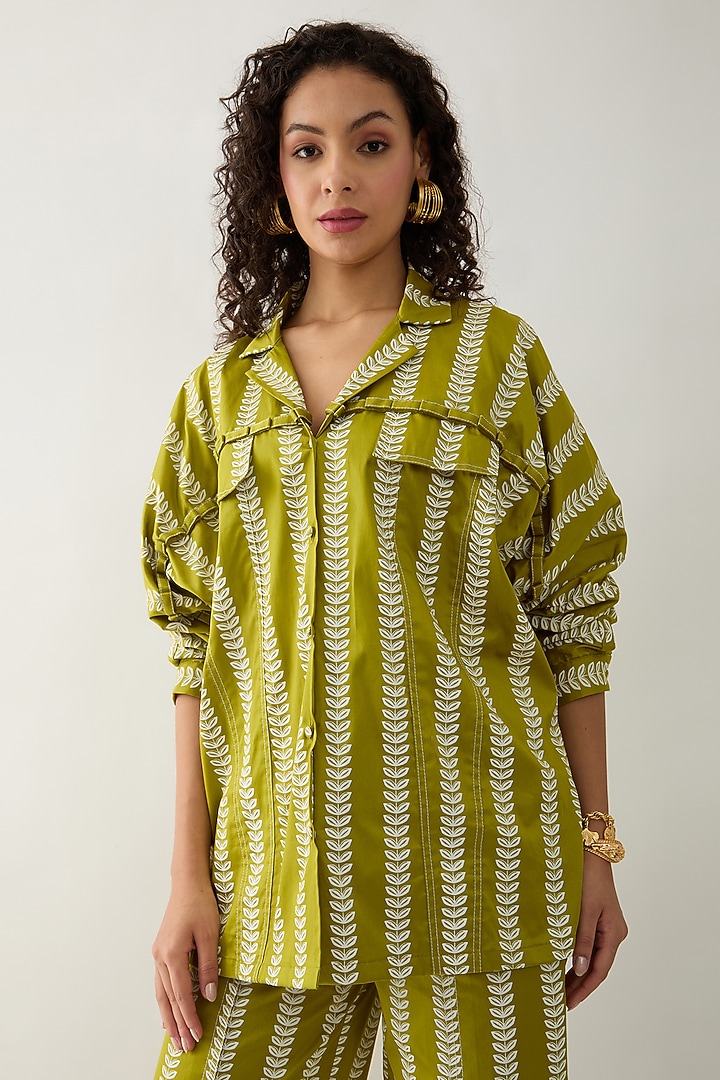 Leaf Green Cotton Satin Printed Shirt by SNOB at Pernia's Pop Up Shop
