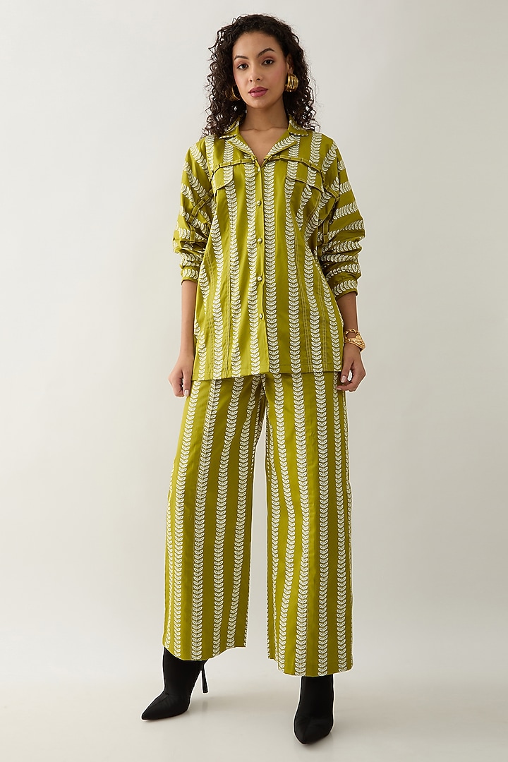 Leaf Green Cotton Satin Printed Shirt by SNOB at Pernia's Pop Up Shop