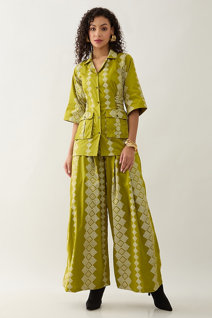 Leaf Green Cotton Satin Printed Co-Ord Set by SNOB at Pernia's Pop Up Shop