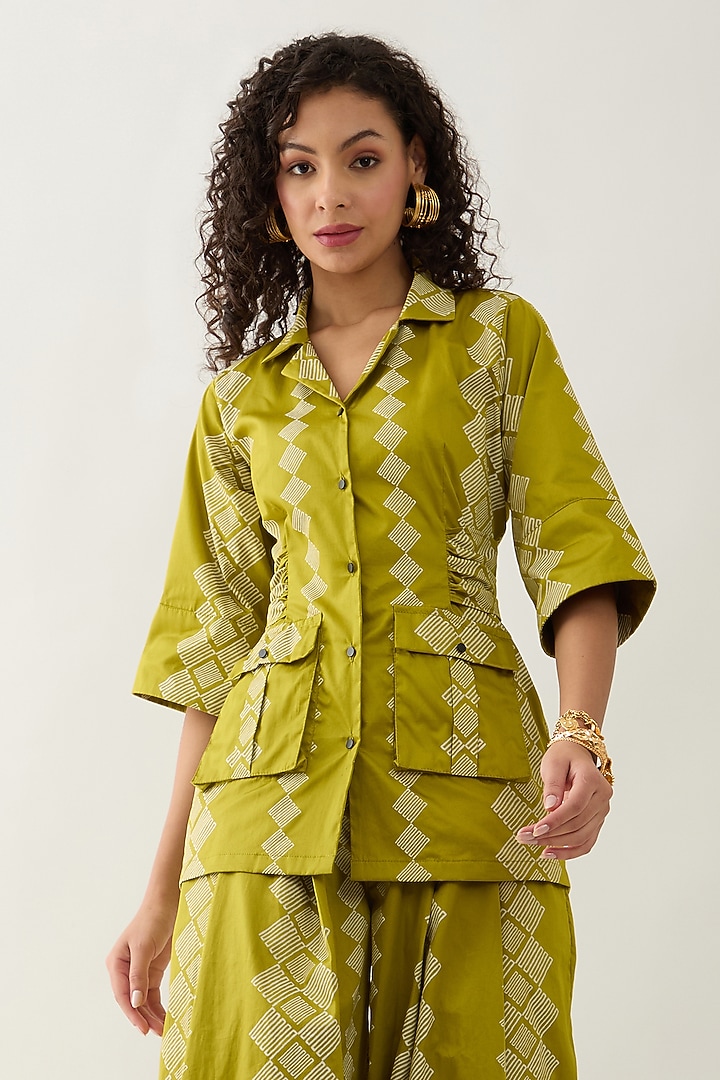 Leaf Green Cotton Satin Printed Co-Ord Set by SNOB at Pernia's Pop Up Shop