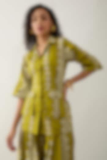 Leaf Green Cotton Satin Printed Shirt by SNOB at Pernia's Pop Up Shop