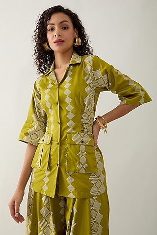 Leaf Green Cotton Satin Printed Shirt by SNOB