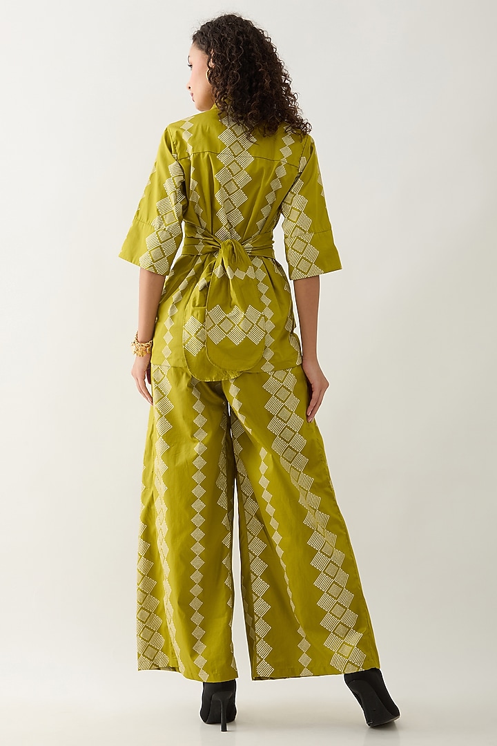 Leaf Green Cotton Satin Printed Shirt by SNOB at Pernia's Pop Up Shop