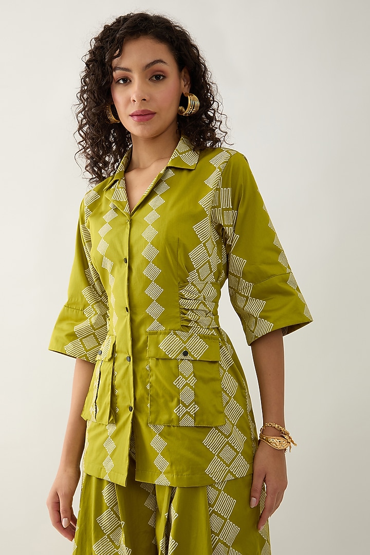 Leaf Green Cotton Satin Printed Shirt by SNOB at Pernia's Pop Up Shop