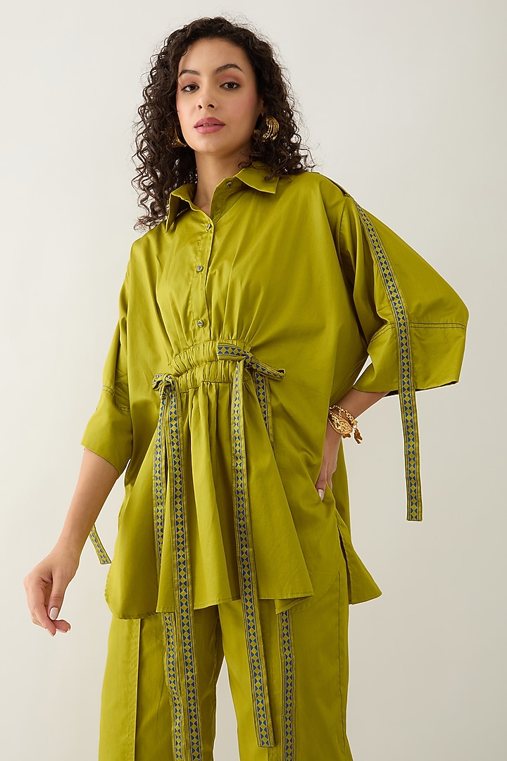 Leaf Green Cotton Satin Shirt by SNOB at Pernia's Pop Up Shop
