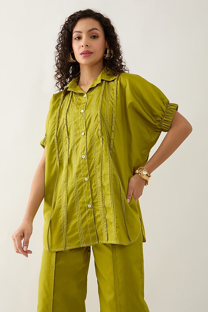 Leaf Green Cotton Satin Shirt by SNOB at Pernia's Pop Up Shop