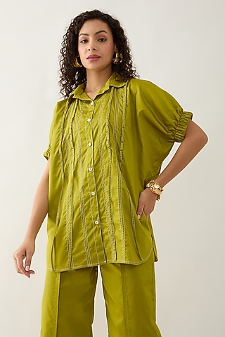 Leaf Green Cotton Satin Shirt by SNOB