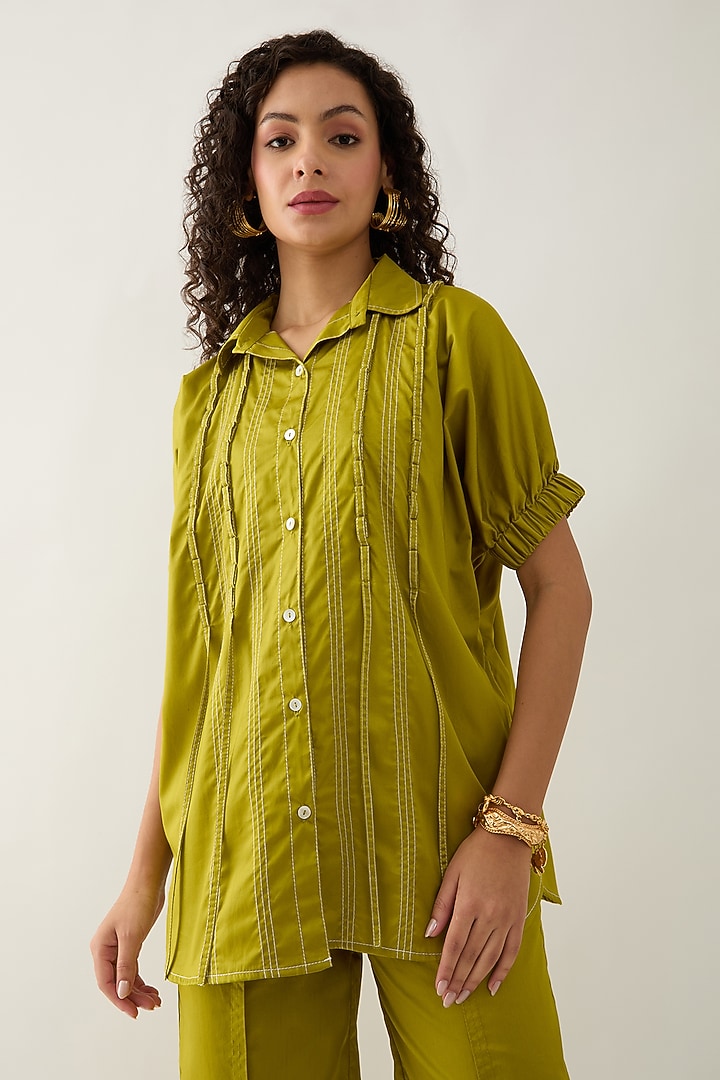 Leaf Green Cotton Satin Shirt by SNOB at Pernia's Pop Up Shop
