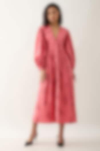 Salmon Pink & Red Cotton Satin Mosaic Printed Midi Vacation Dress by SNOB at Pernia's Pop Up Shop