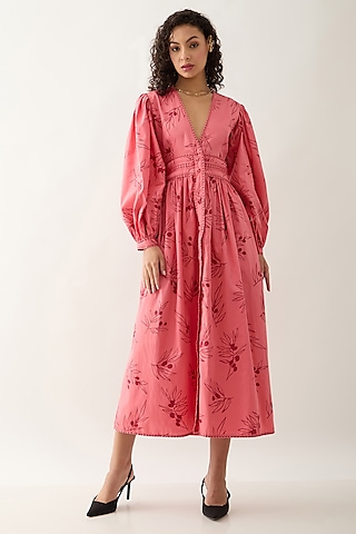 Salmon Pink & Red Cotton Satin Mosaic Printed Midi Dress by SNOB