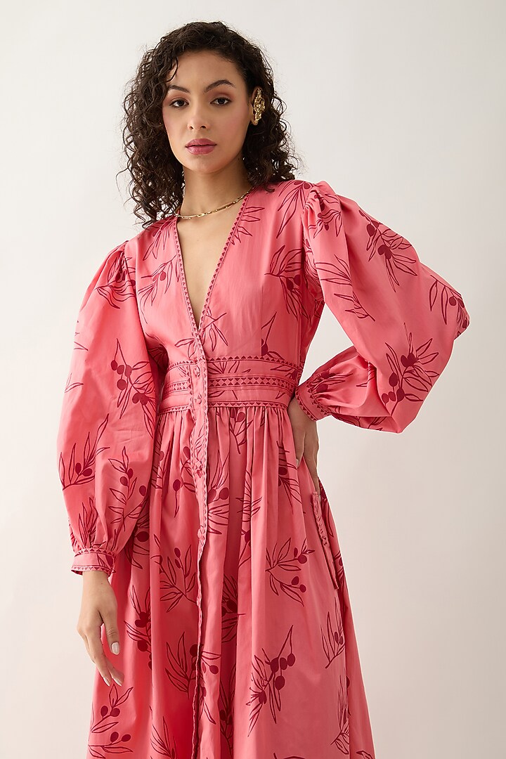 Salmon Pink & Red Cotton Satin Mosaic Printed Midi Vacation Dress by SNOB at Pernia's Pop Up Shop
